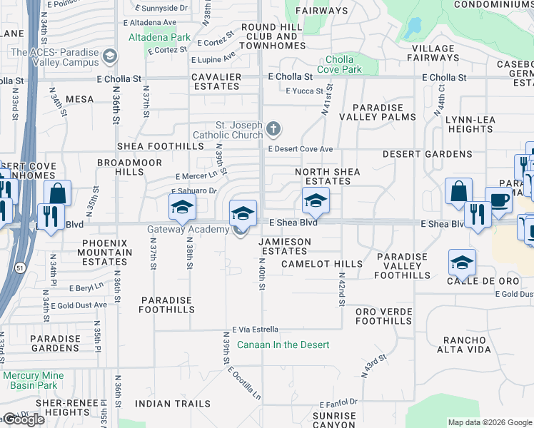 map of restaurants, bars, coffee shops, grocery stores, and more near 10616 North 40th Street in Phoenix