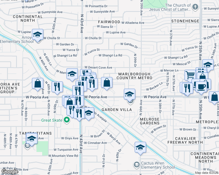 map of restaurants, bars, coffee shops, grocery stores, and more near 2045 North 41st Avenue in Phoenix