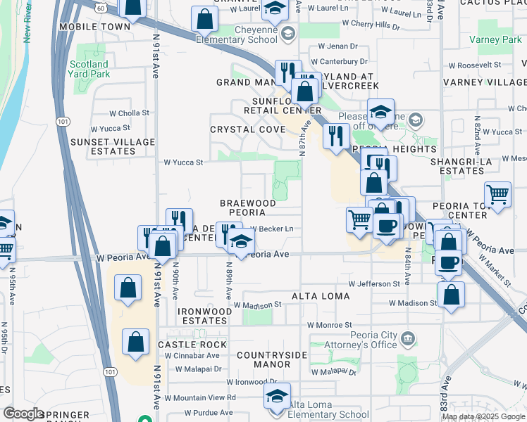 map of restaurants, bars, coffee shops, grocery stores, and more near 8801 West Mercer Lane in Peoria