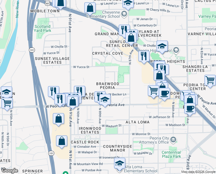 map of restaurants, bars, coffee shops, grocery stores, and more near 8831 West Mercer Lane in Peoria