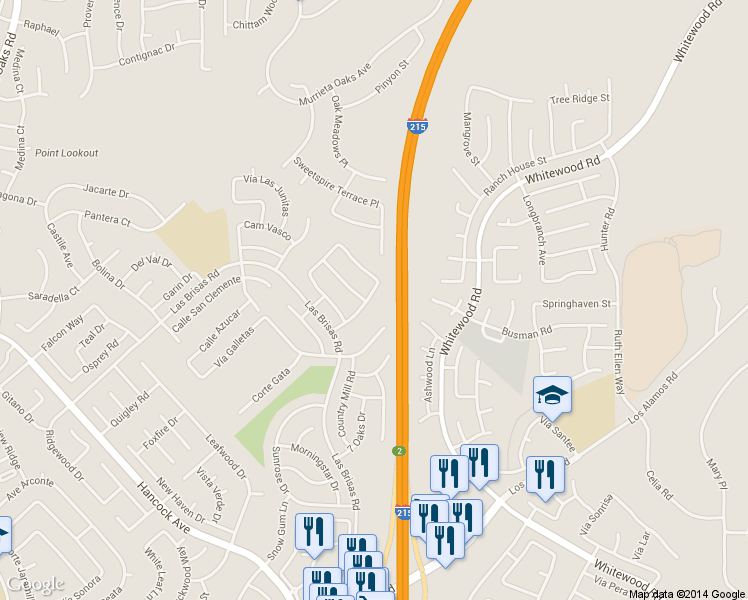 map of restaurants, bars, coffee shops, grocery stores, and more near 39054 Vía Las Quintas in Murrieta