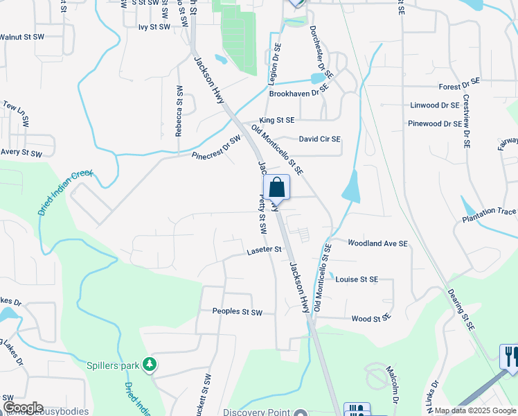 map of restaurants, bars, coffee shops, grocery stores, and more near 6130 Petty Street Southwest in Porterdale