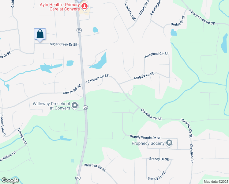 map of restaurants, bars, coffee shops, grocery stores, and more near 1155 Christian Circle Southeast in Conyers