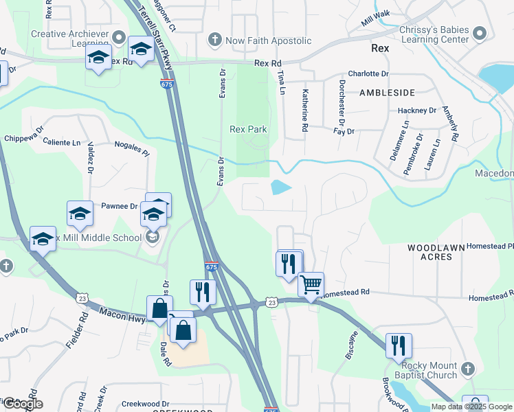 map of restaurants, bars, coffee shops, grocery stores, and more near 3494 Creekview Drive in Rex