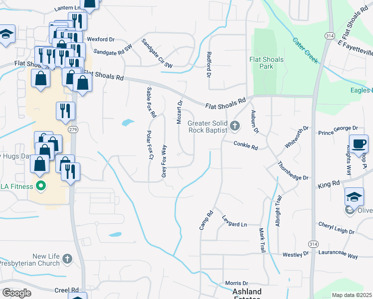 map of restaurants, bars, coffee shops, grocery stores, and more near 6350 Mozart Drive in Riverdale