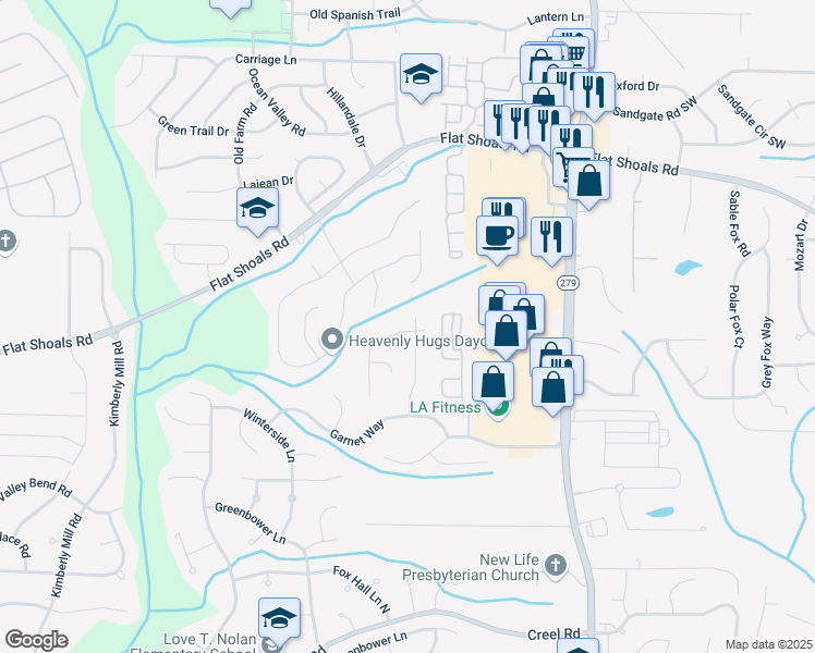 map of restaurants, bars, coffee shops, grocery stores, and more near 805 Old Rocky Road in Atlanta