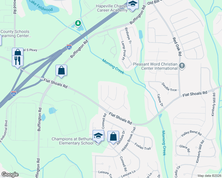 map of restaurants, bars, coffee shops, grocery stores, and more near 6369 Flat Rock Lane in Atlanta