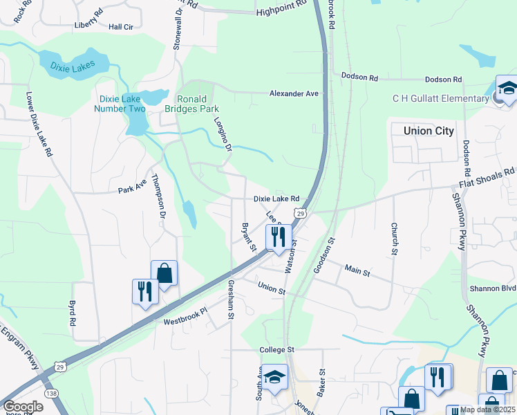 map of restaurants, bars, coffee shops, grocery stores, and more near 5064 Dixie Lake Road in Union City