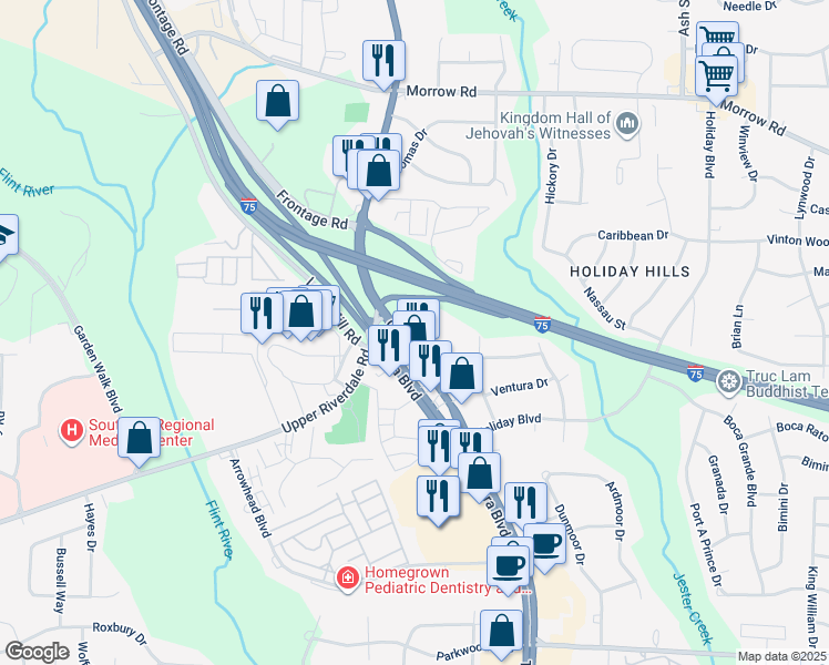 map of restaurants, bars, coffee shops, grocery stores, and more near 6294 Old Dixie Highway in Jonesboro