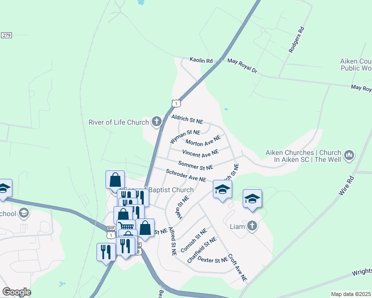 map of restaurants, bars, coffee shops, grocery stores, and more near 640 Vincent Avenue Northeast in Aiken