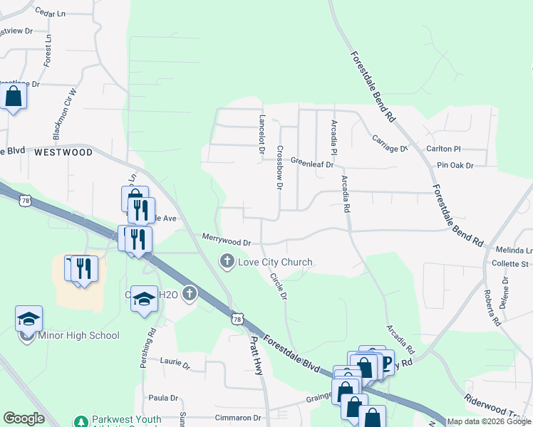 map of restaurants, bars, coffee shops, grocery stores, and more near 102 Merrywood Circle in Birmingham