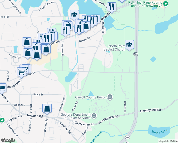 map of restaurants, bars, coffee shops, grocery stores, and more near 699 Burns Road in Carrollton