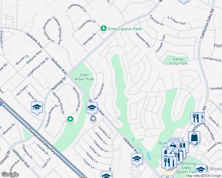 map of restaurants, bars, coffee shops, grocery stores, and more near 40213 Colony Drive in Murrieta