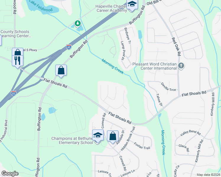 map of restaurants, bars, coffee shops, grocery stores, and more near 6369 Flat Rock Lane in Atlanta