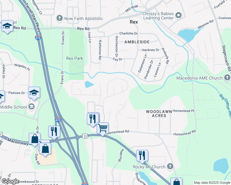map of restaurants, bars, coffee shops, grocery stores, and more near 6257 Crooked Creek Drive in Rex
