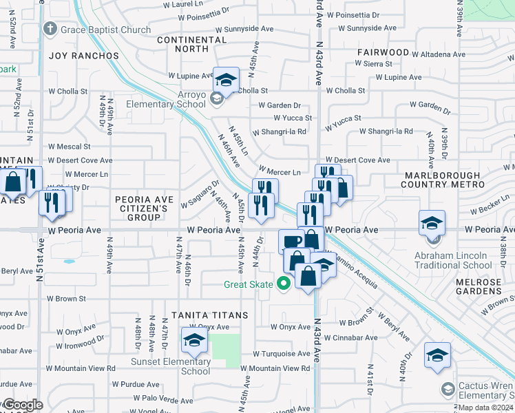 map of restaurants, bars, coffee shops, grocery stores, and more near 4494 W Peoria Ave in Glendale