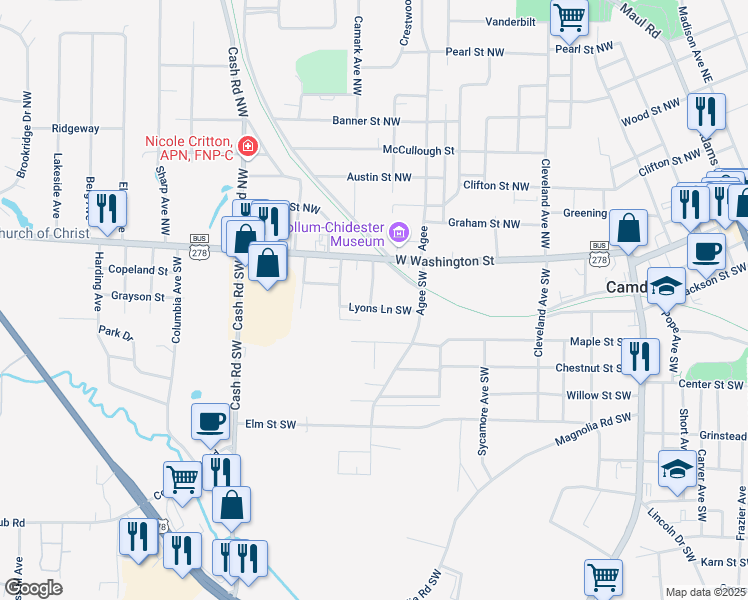 map of restaurants, bars, coffee shops, grocery stores, and more near 138 Hamilton Avenue Southwest in Camden