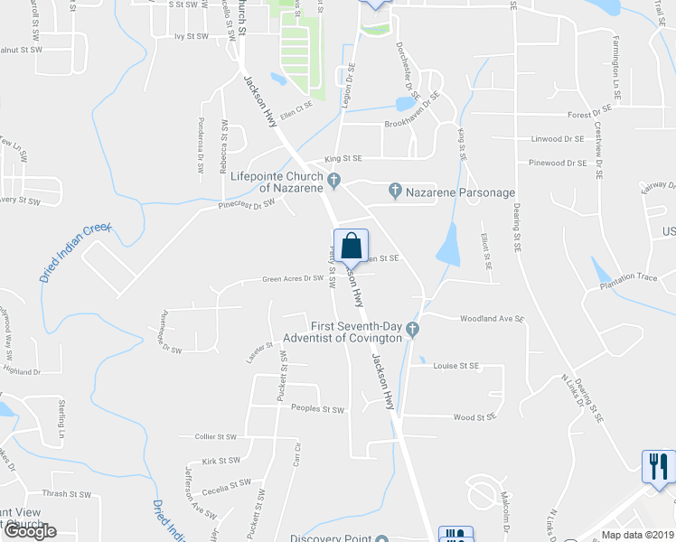 map of restaurants, bars, coffee shops, grocery stores, and more near 6133 Petty Street Southwest in Covington