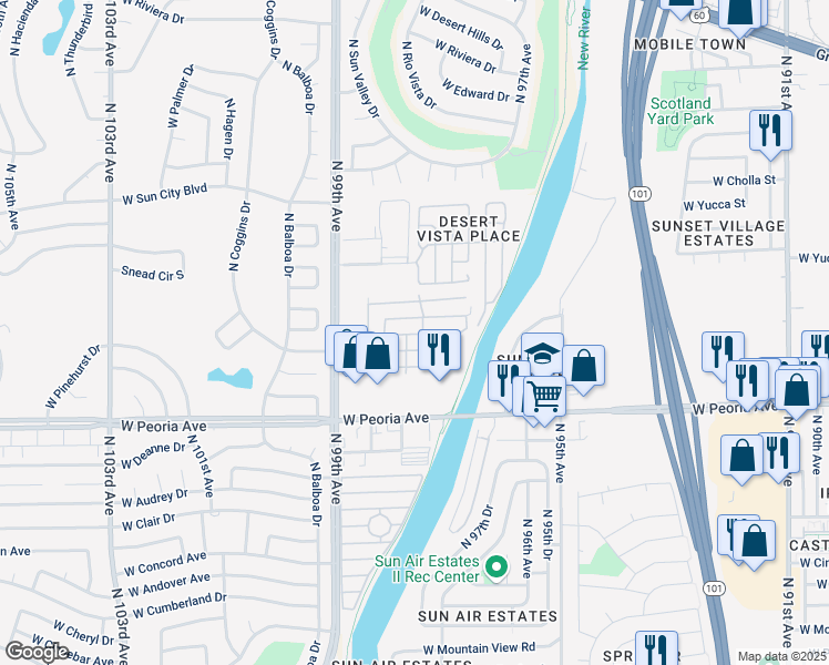 map of restaurants, bars, coffee shops, grocery stores, and more near 10701 North 99th Avenue in Peoria
