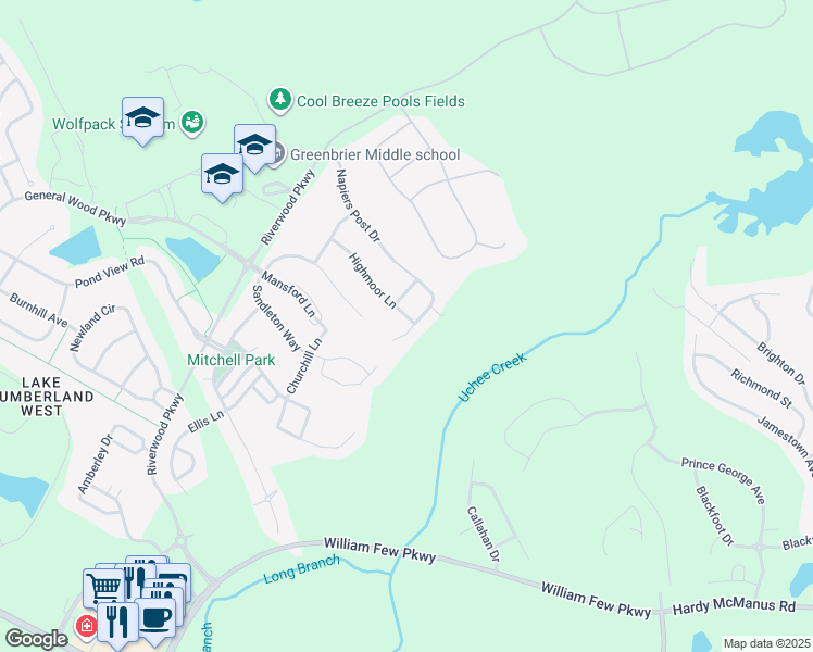 map of restaurants, bars, coffee shops, grocery stores, and more near 1146 Highmoor Lane in Evans