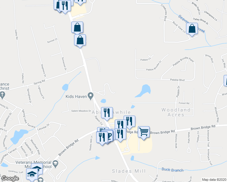 map of restaurants, bars, coffee shops, grocery stores, and more near 4020 Salem Road in Covington