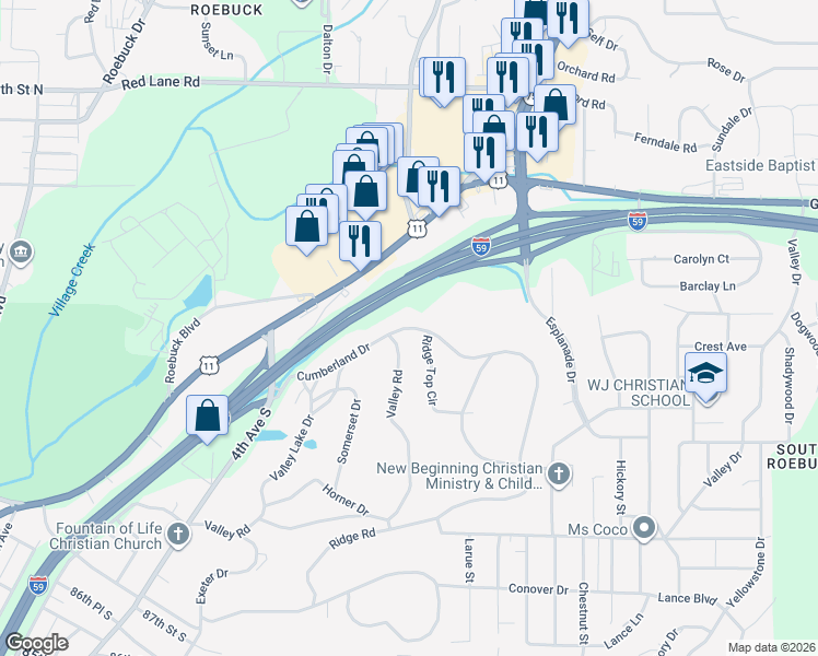 map of restaurants, bars, coffee shops, grocery stores, and more near 505 North Dr in Birmingham