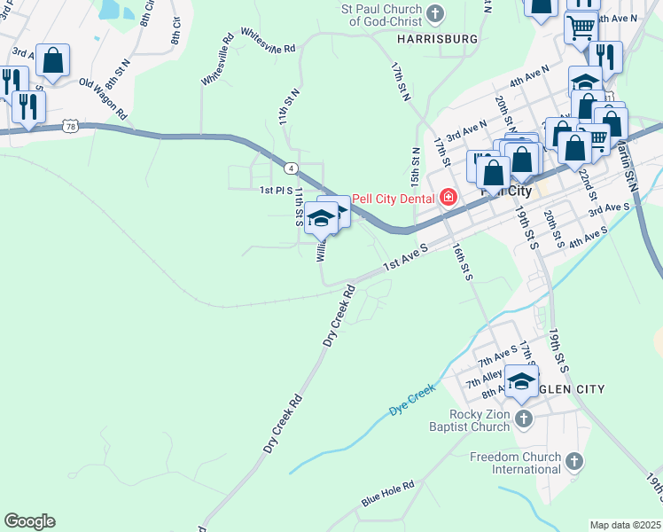 map of restaurants, bars, coffee shops, grocery stores, and more near 306 Williamson Drive in Pell City