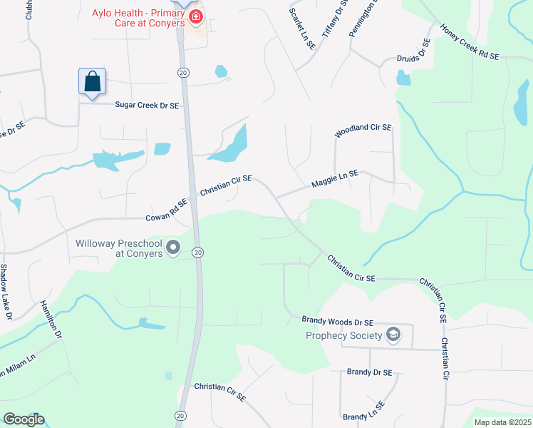 map of restaurants, bars, coffee shops, grocery stores, and more near 1155 Christian Circle Southeast in Conyers
