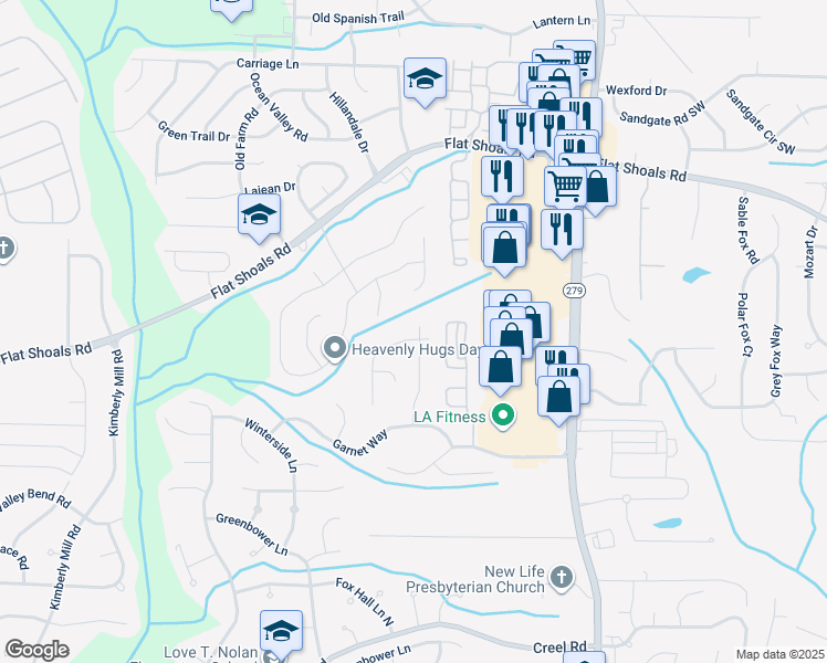 map of restaurants, bars, coffee shops, grocery stores, and more near 805 Old Rocky Road in Atlanta