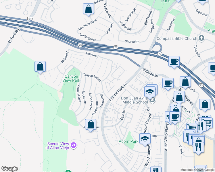 map of restaurants, bars, coffee shops, grocery stores, and more near 38 Red Bud in Aliso Viejo