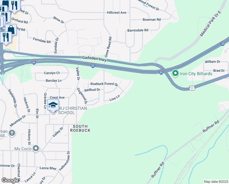 map of restaurants, bars, coffee shops, grocery stores, and more near 617 Rebecca Road in Birmingham