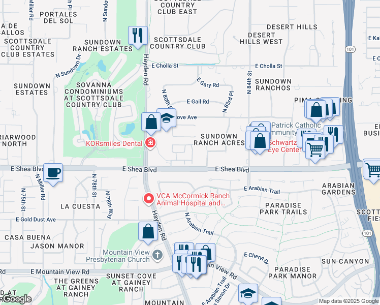 map of restaurants, bars, coffee shops, grocery stores, and more near 8180 East Shea Boulevard in Scottsdale