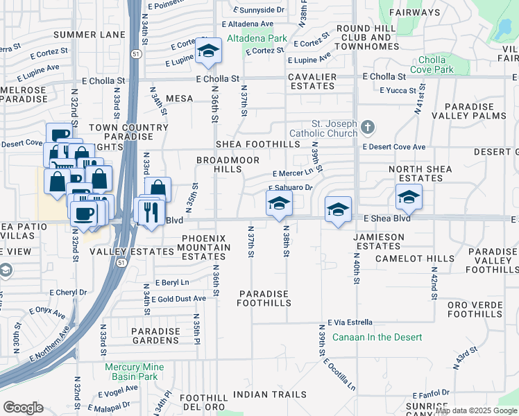 map of restaurants, bars, coffee shops, grocery stores, and more near 10620 North 37th Place in Phoenix
