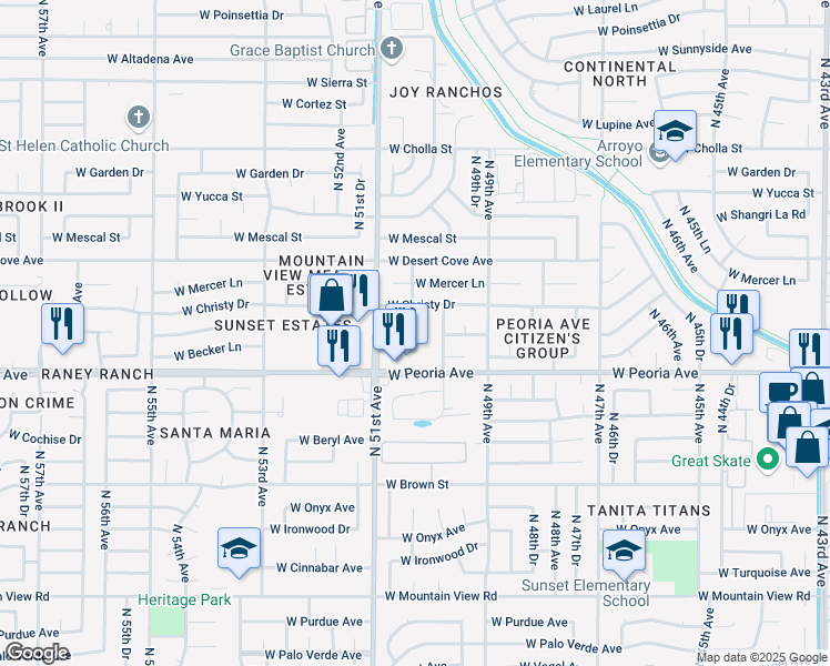 map of restaurants, bars, coffee shops, grocery stores, and more near 5020 West Peoria Avenue in Glendale