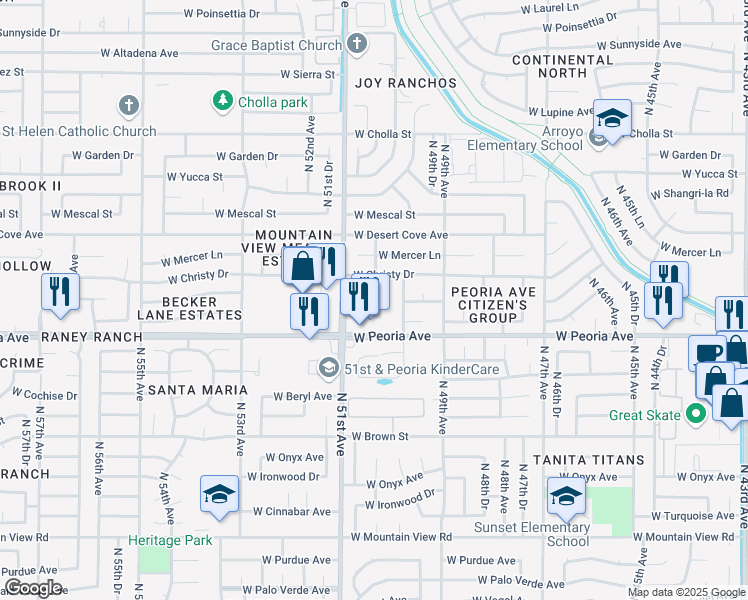map of restaurants, bars, coffee shops, grocery stores, and more near 5020 West Peoria Avenue in Glendale