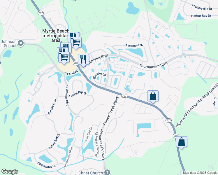 map of restaurants, bars, coffee shops, grocery stores, and more near 332 Wembley Way in Murrells Inlet