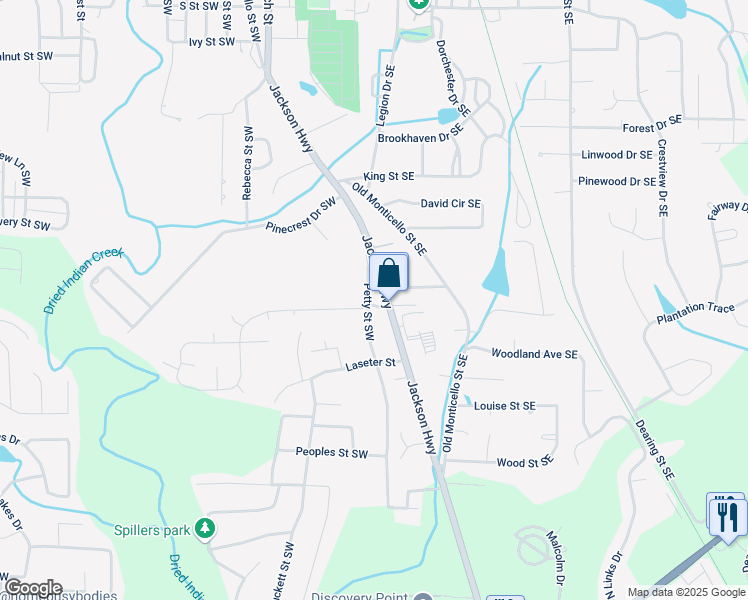 map of restaurants, bars, coffee shops, grocery stores, and more near 6133 Petty Street Southwest in Covington