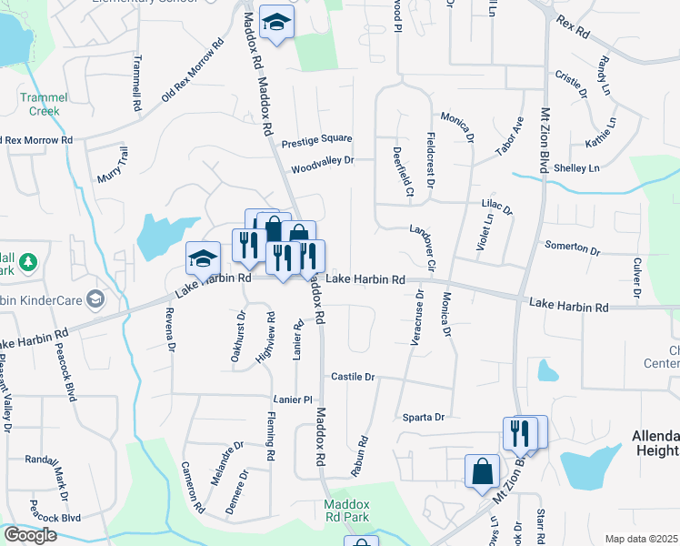 map of restaurants, bars, coffee shops, grocery stores, and more near 2404 Lake Harbin Road in Morrow