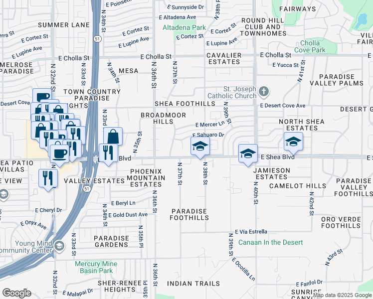 map of restaurants, bars, coffee shops, grocery stores, and more near 10620 North 37th Place in Phoenix