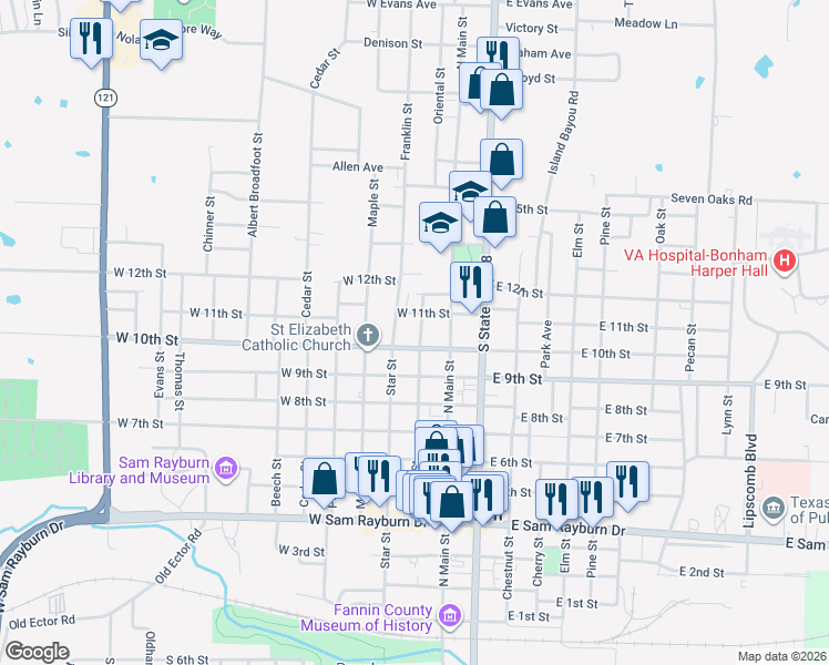 map of restaurants, bars, coffee shops, grocery stores, and more near 109 West 11th Street in Bonham