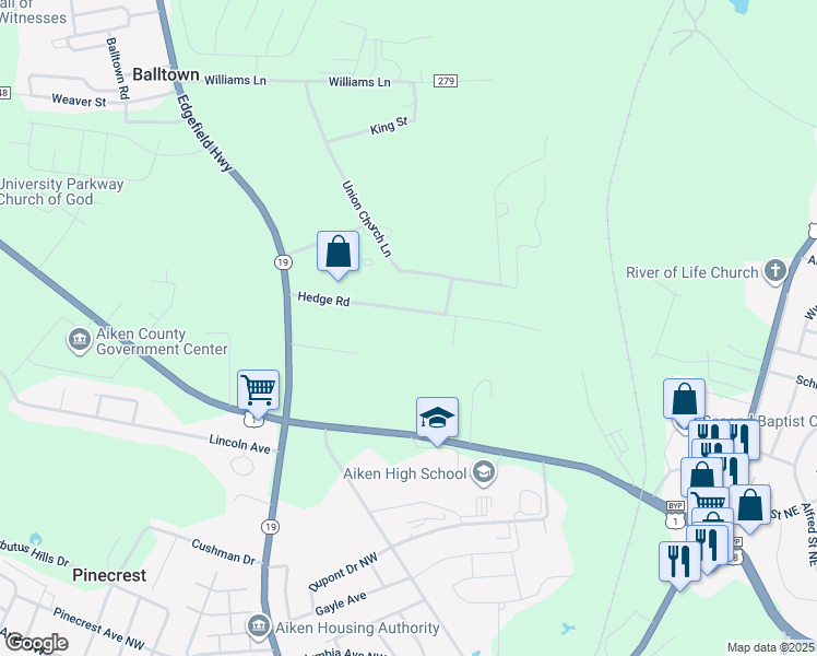 map of restaurants, bars, coffee shops, grocery stores, and more near 148 Hedge Road in Aiken