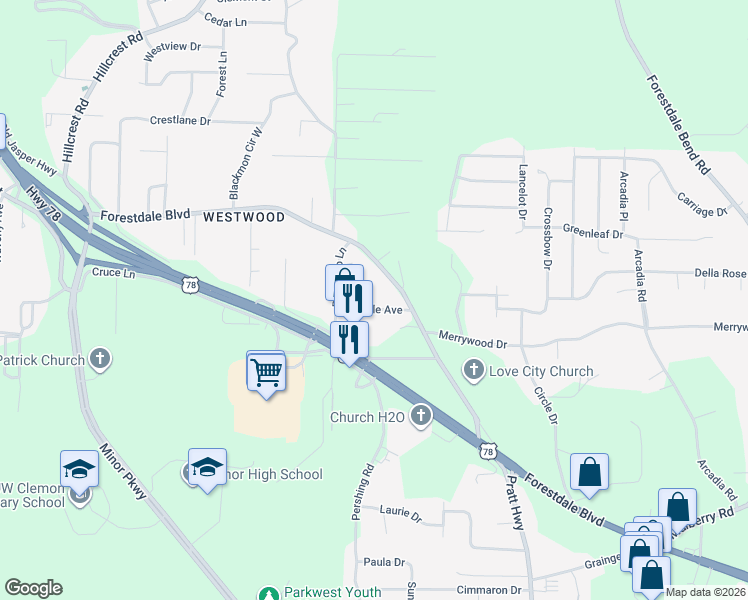 map of restaurants, bars, coffee shops, grocery stores, and more near 136 Howle Avenue in Birmingham