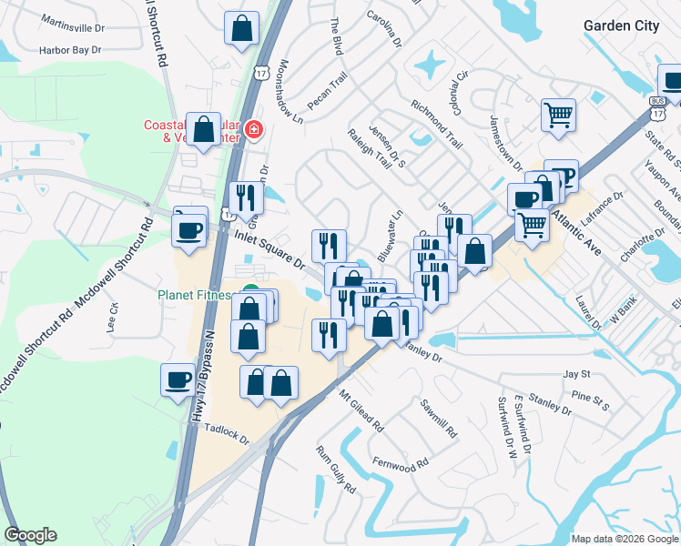 map of restaurants, bars, coffee shops, grocery stores, and more near 170 Offshore Drive in Murrells Inlet