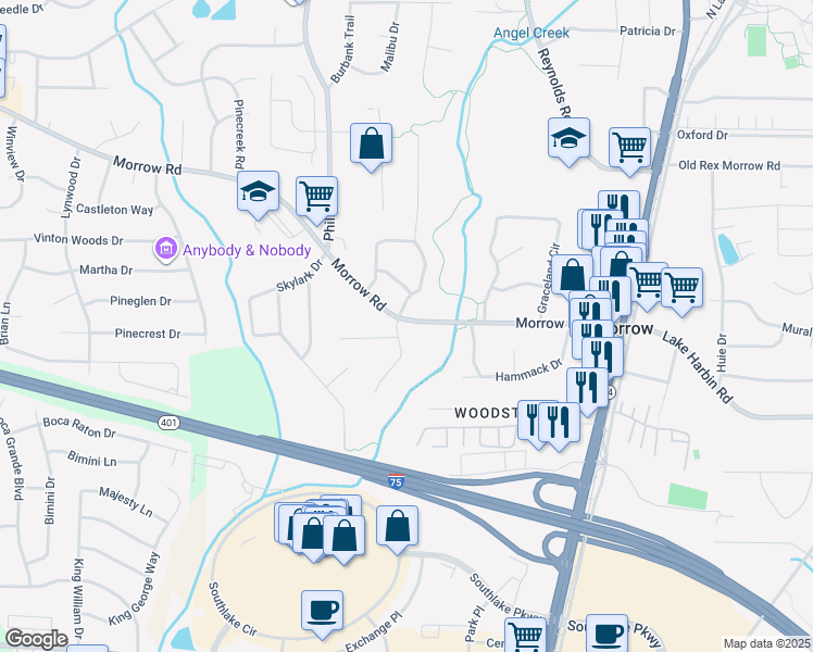 map of restaurants, bars, coffee shops, grocery stores, and more near 1295 Morrow Road in Morrow