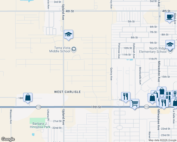 map of restaurants, bars, coffee shops, grocery stores, and more near Quincy Avenue in Lubbock
