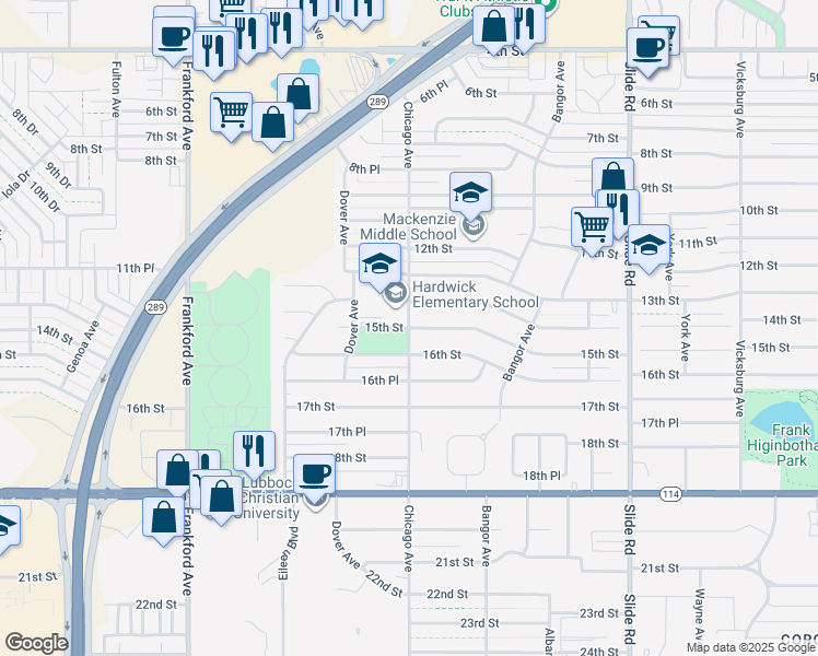 map of restaurants, bars, coffee shops, grocery stores, and more near 5500 15th Street in Lubbock