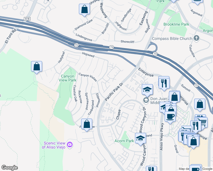 map of restaurants, bars, coffee shops, grocery stores, and more near 278 Woodcrest Lane in Aliso Viejo