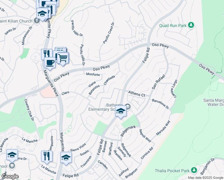 map of restaurants, bars, coffee shops, grocery stores, and more near 26171 Buscador in Mission Viejo