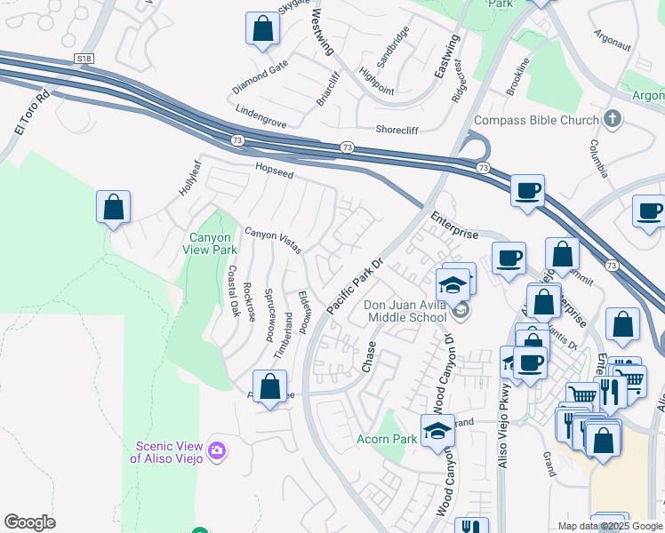 map of restaurants, bars, coffee shops, grocery stores, and more near 278 Woodcrest Lane in Aliso Viejo