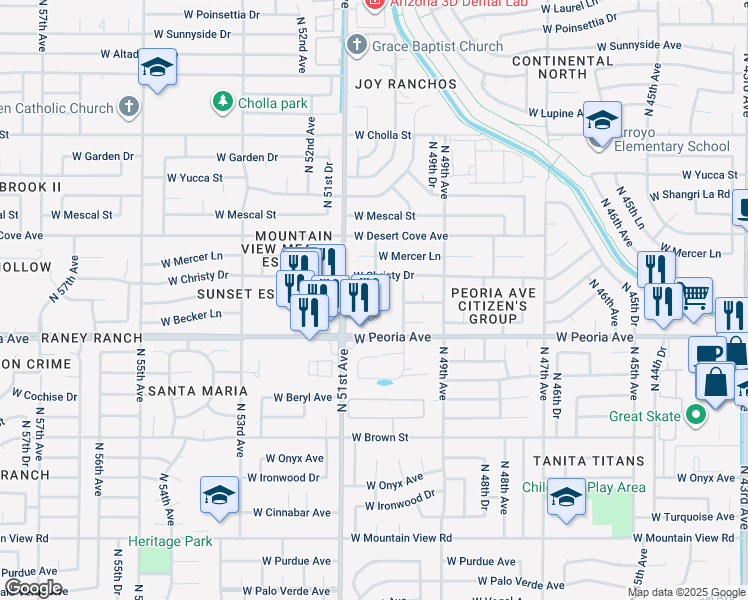 map of restaurants, bars, coffee shops, grocery stores, and more near 5020 West Peoria Avenue in Glendale